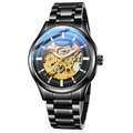 All-black stainless steel automatic mechanical watch featuring a gold hollow skeleton dial - Black Steel Strap Black Case Black Dial