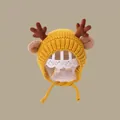 Cozy yellow knitted kids winter hat with brown reindeer antlers and ear flaps - Dragon Horn Children's Hat Yellow (2 Months - 2 Years Old)