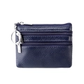 Dark blue genuine leather coin purse with three zippers and metal keychain ring - Dark Blue