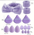 Set de maquillaje morado con diadema de franela, muñequeras, borlas y esponjas de belleza - Juego de 15 / Morado