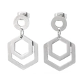 Boucles d'oreilles pendantes doubles hexagones en acier titane argenté brossé moderne - Hexagone imbriqué double couche (KE17102-D)