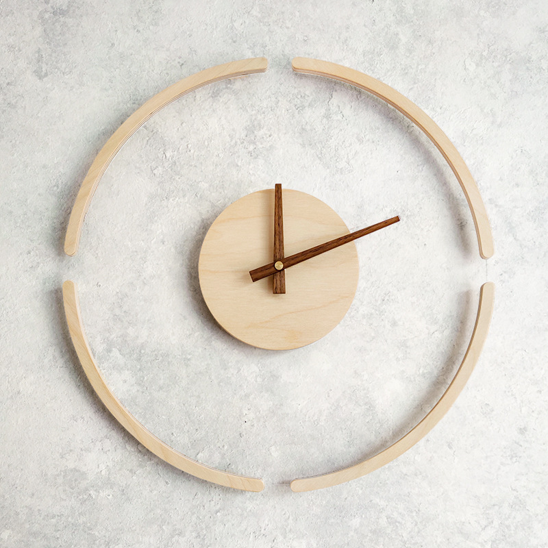 Nordic Minimalist Wood Wall Clock Silent Quartz Movement Floating Design Round Birch And Walnut Wood Clock For Living Room Home Decor 14 Inch