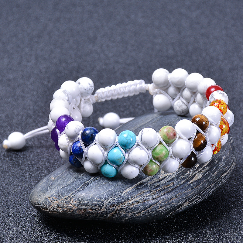 Hot Sale 6mm Natural White Turquoise Three-row Braided Bracelet Natural Stone Colorful Beaded Three-layer Bracelet