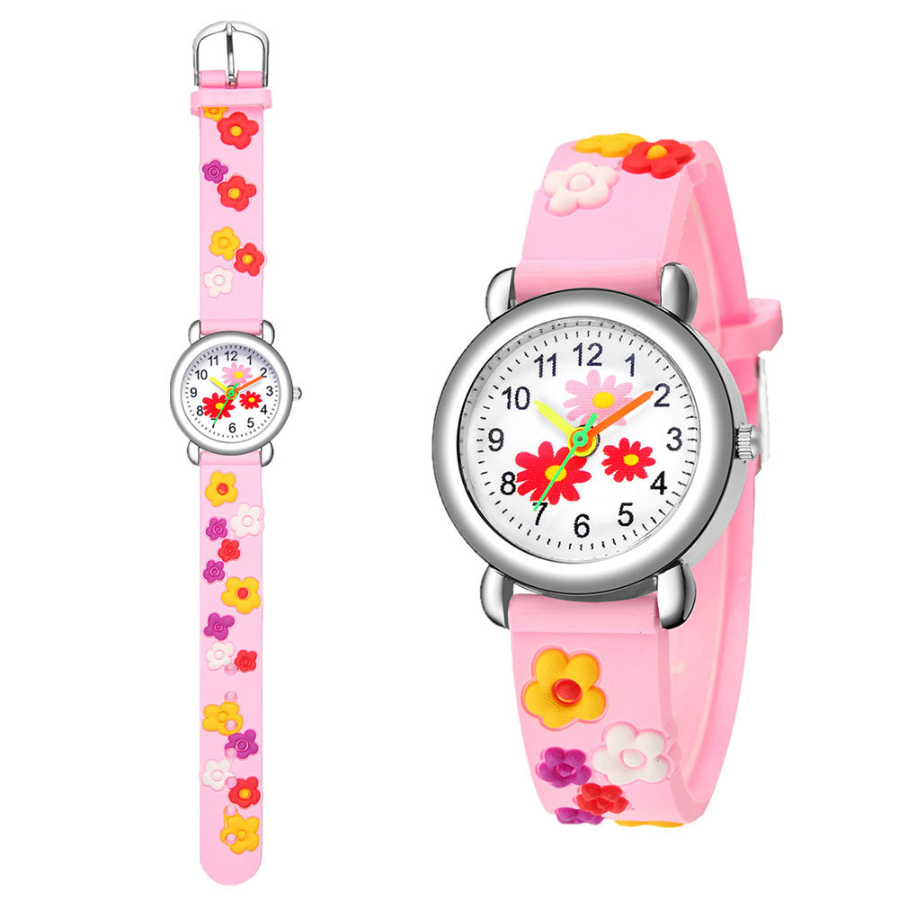 Kids 3D Cartoon Flower Relief Quartz Watch For Girls Colorful Silicone Strap Analog Wristwatch Cute Student Time Teacher Gift