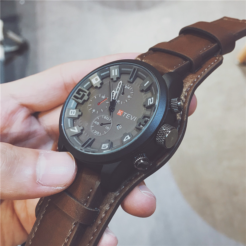 Men's Sport Quartz Watch Large Dial Faux Leather Strap Military Chronograph Style Casual Wristwatch for Men Waterproof Version Available