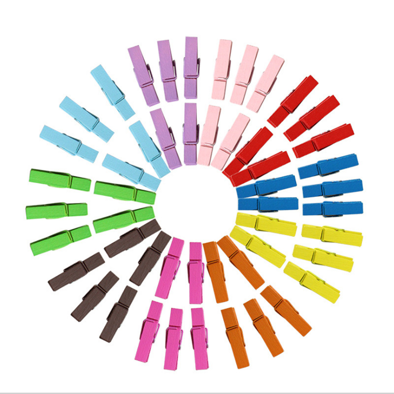 100Pcs Colorful Mini Wooden Clips 3.5cm Decorative Birch Wood Photo Clips With Hemp Rope For DIY Crafts Hanging Photos Home Party Decor