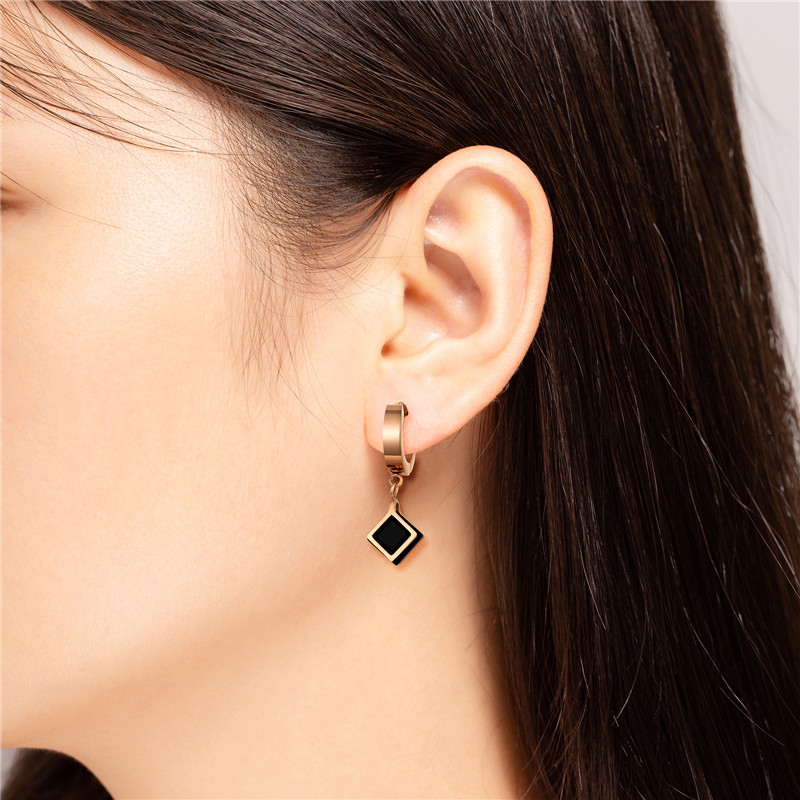 Minimalist Black Square Geometric Drop Earrings Rose Gold Titanium Steel Hoops For Women Simple Commuting Jewelry