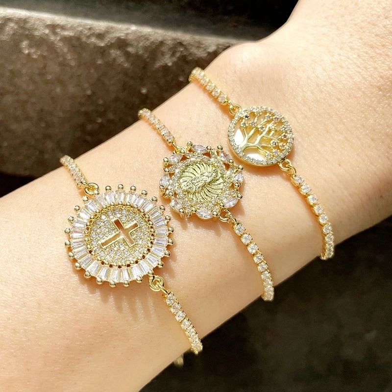 Adjustable Bolo Bracelet For Women Hollow Round Religious Cross Virgin Mary Tree Of Life Copper Zircon Jewelry