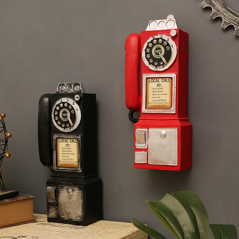 Vintage Resin Telephone Model Retro Wall-Mounted Payphone Ornament Distressed Industrial Style Decoration For Home Cafe Bar Office Photography Props Gift