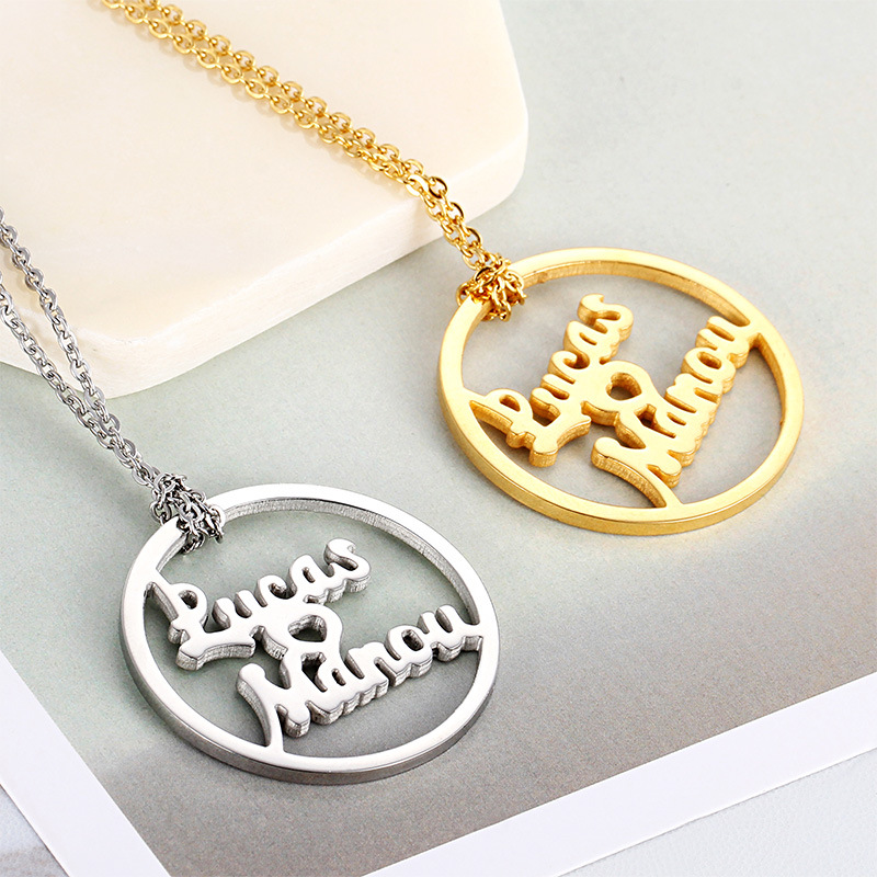 Personalized Double Name Necklace Stainless Steel Round Hollow Heart Pendant Custom Letter Nameplate Necklace For Women Daily Minimalist Jewelry Gift