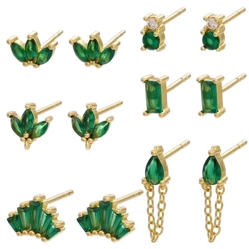 Elegant Geometric Green Zirconia Stud Earrings Gold Plated Brass Emerald Green Gemstone Earrings for Women Party Wedding Jewelry Accessories