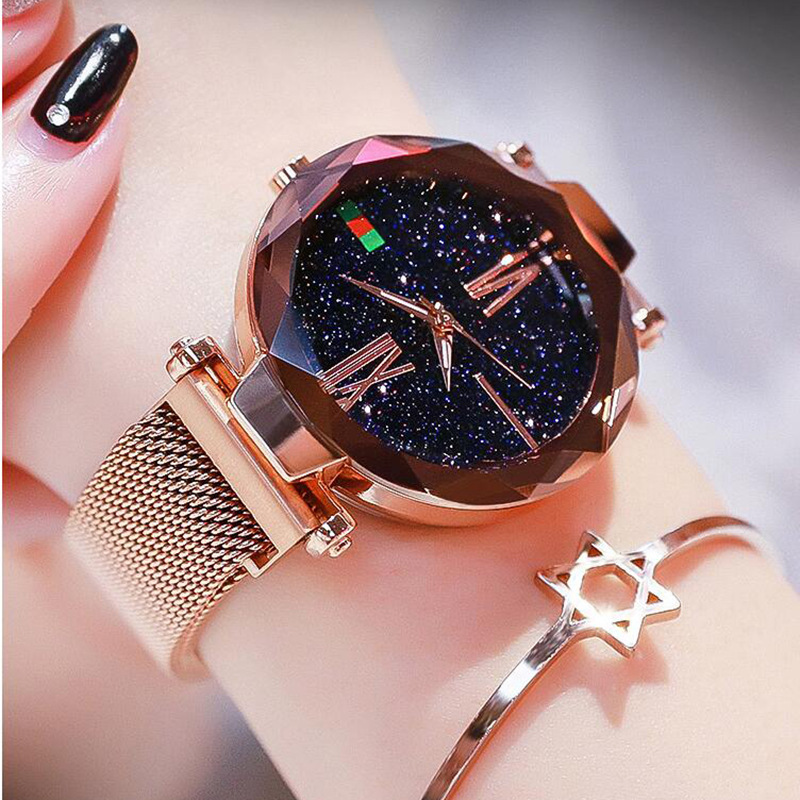 Fashion Women Starry Sky Dial Quartz Watch With Milanese Magnetic Mesh Bracelet Strap Alloy Case Roman Numerals Calendar Wristwatch For Ladies Daily Dating