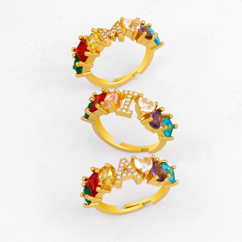Alphabet Initial Letter Ring Gold Plated Copper Colorful Zircon Adjustable Open Trendy Fashion Jewelry For Women