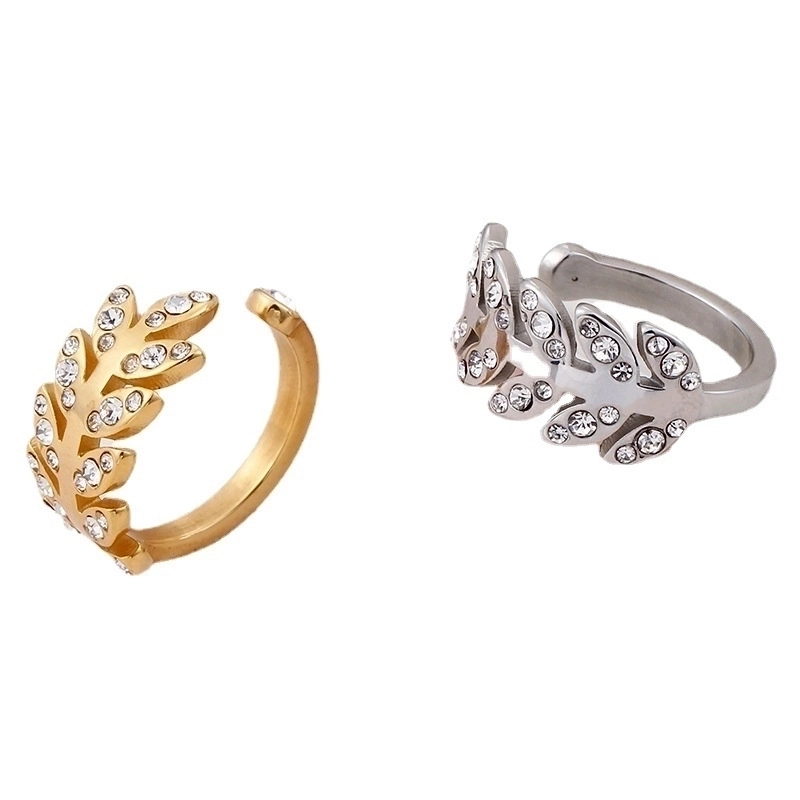 Elegant Leaf Olive Branch Stainless Steel Ring With Zirconia Inlay Gold Silver Open Adjustable Ring For Women Jewelry Gift Daily Party