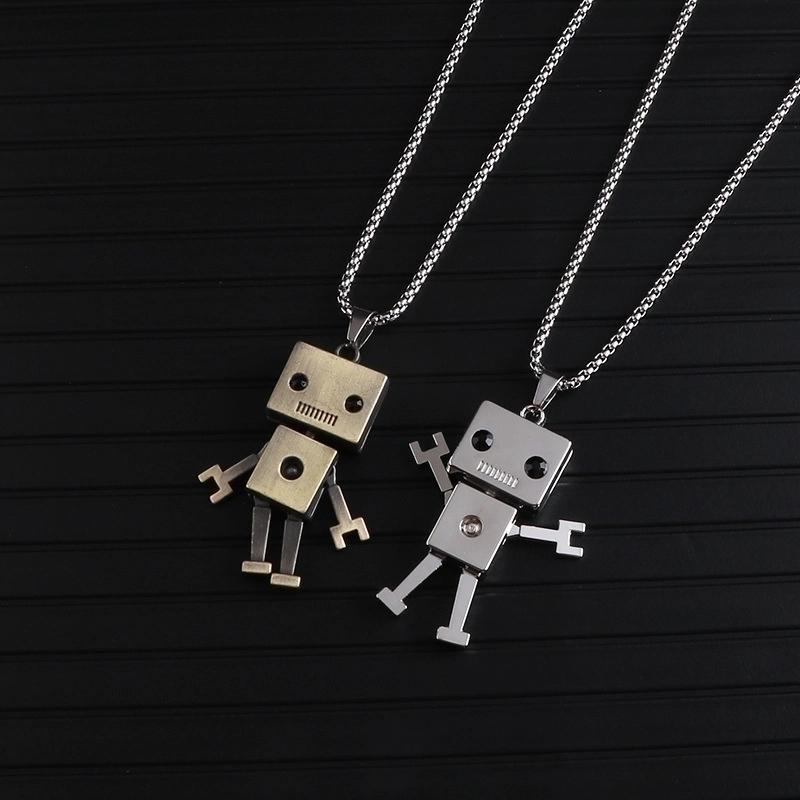Hip Hop Moveable Limbs Robot Pendant Necklace Stainless Steel Box Chain Long Sweater Chain Retro Alloy Robot Jewelry For Men Women Couple