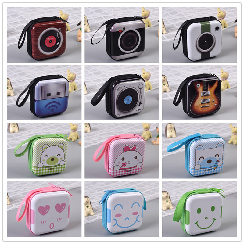 Square Round Tinplate Coin Purse Earphone Case Retro Camera Music Design Mini Zipper Storage Box Portable Data Cable Organizer For Kids Students