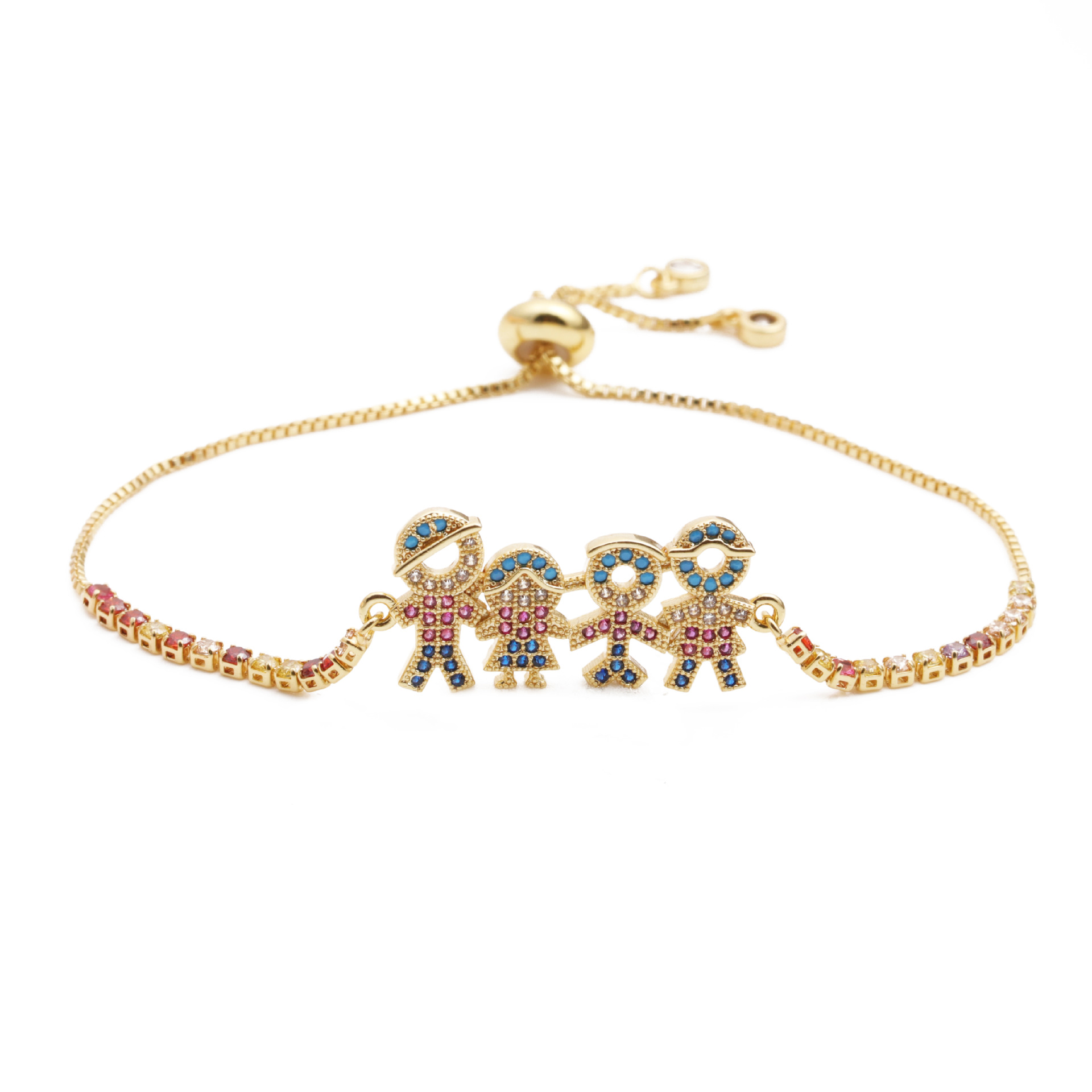 Fashion Gold Plated Copper Family Member 4 People Bracelet Multicolor Zircon Inlaid Adjustable Box Chain Bracelet For Women Men Jewelry Gift