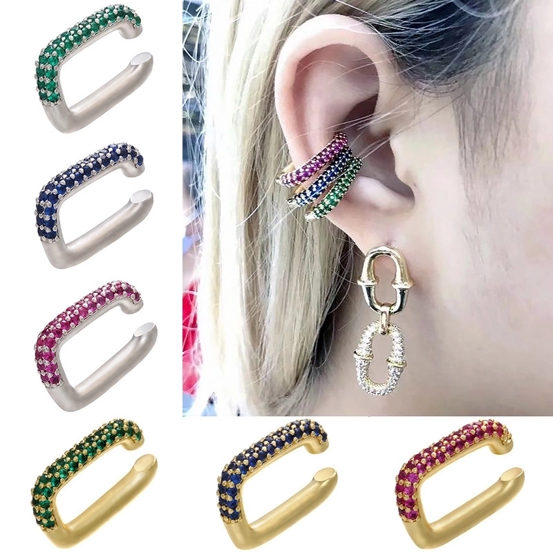 Geometric Rectangular Ear Cuff Brass Gold Plated Micro Pave Cubic Zirconia Non Piercing Clip On Earrings For Women