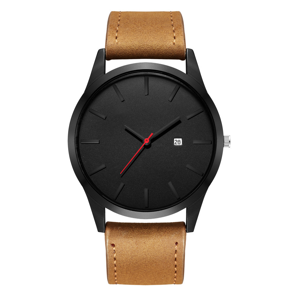 Men's Minimalist Quartz Watch With Alloy Case Leather Strap Large Dial Date Display Casual Business Wristwatch