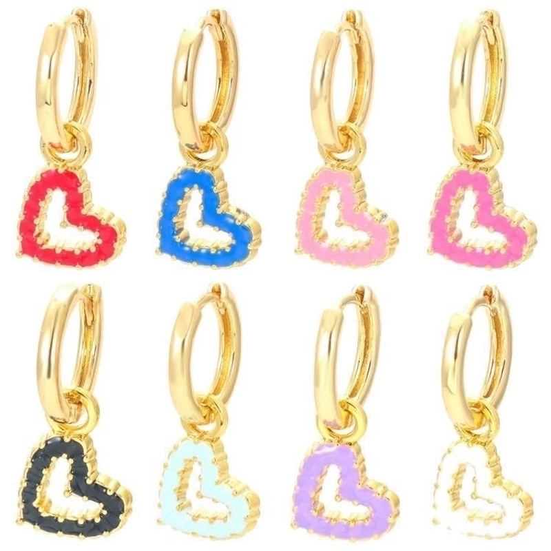 Heart Drop Earrings Gold Plated Copper Colorful Enamel Hollow Dangle Hoops Beaded Edge Fashion Jewelry For Women