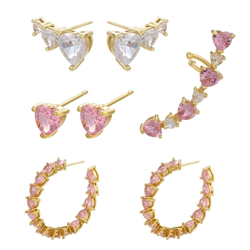 Brass Gold Plated Pink White Zircon Heart Earrings Studs Ear Cuff Hoops Romantic Jewelry For Women