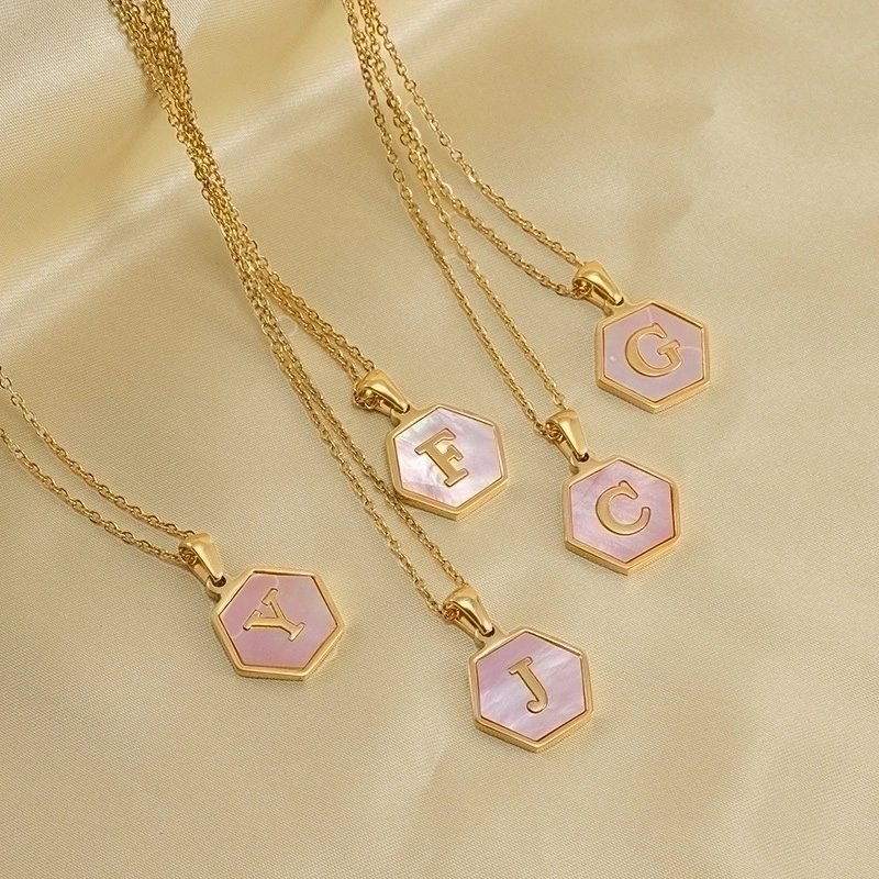18K Gold Plated 304 Stainless Steel Natural Mother of Pearl Hexagon Initial Pendant Necklace Personalized A-Z Letter Necklaces for Women Girls Elegant Jewelry Gift