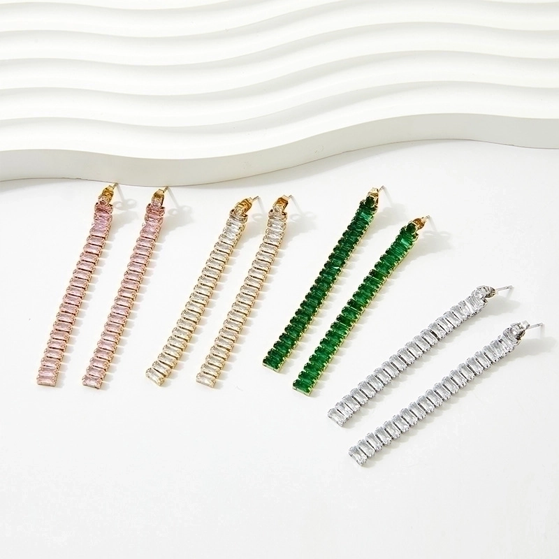 Long Drop Stainless Steel Earrings With Rectangular Step Cut Zirconia Tassel Dangle Earrings For Wedding Party Women Jewelry