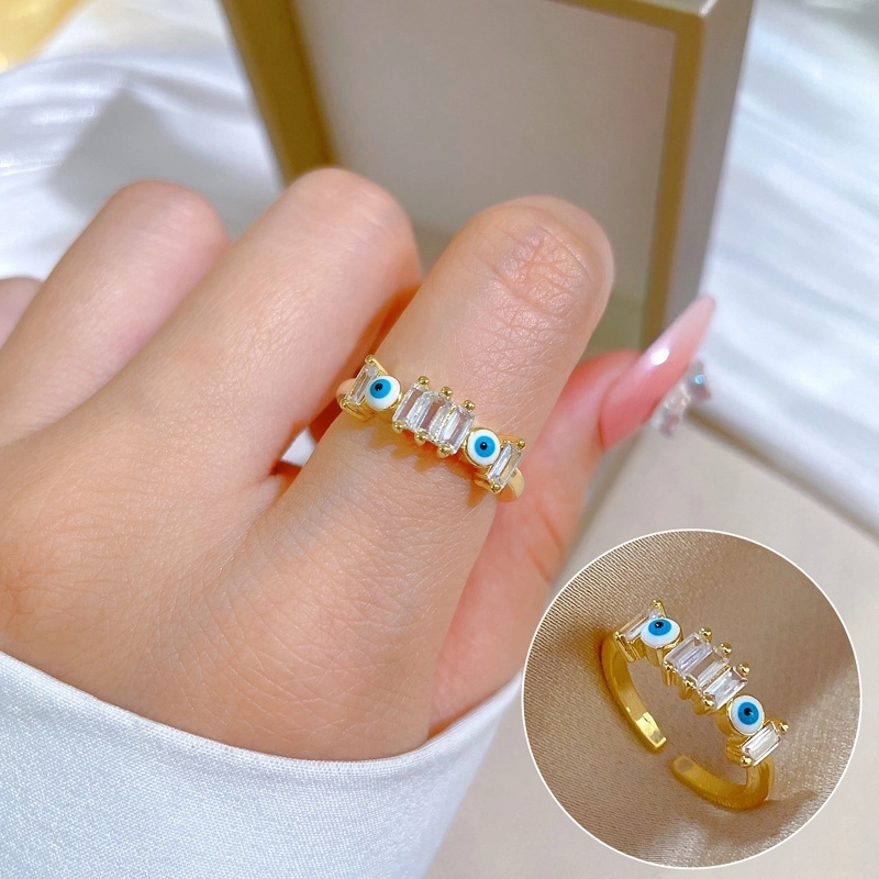 Adjustable Gold Plated Copper Evil Eye Ring for Women with Rectangular Zirconia Elegant Mystery Fashion Jewelry Accessory for Daily Party Gift