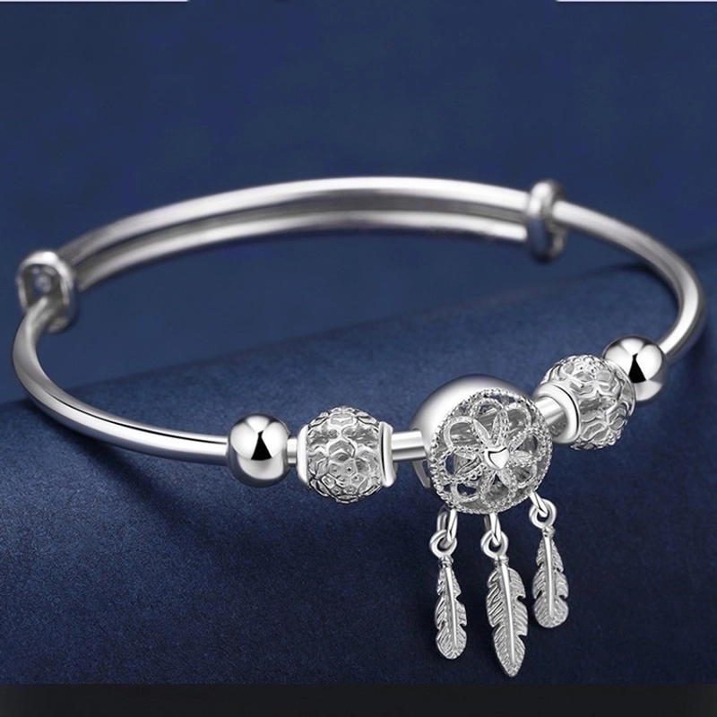 Retro Dreamcatcher Feather Charm Bracelet Adjustable Silver Plated Copper Push-Pull Bangle Ethnic Jewelry Birthday Gift for Women Girl Friend