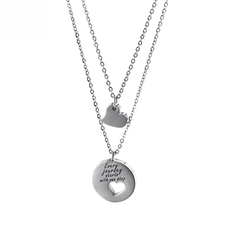 Modern Stainless Steel Double Layer Necklace With Heart And Engraved Circle Pendant Every Journey Starts With One Step Jewelry For Women