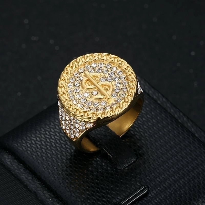Men's Hip Hop Iced Out Dollar Sign Ring 18K Gold Plated Stainless Steel Cubic Zirconia Signet Ring Personalized Party Jewelry