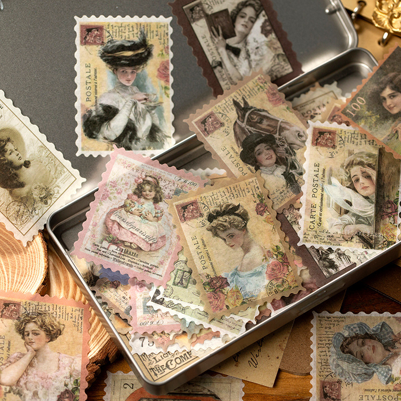 Time Post Office Series Yuxian Vintage Stamp Sticker Package Journal Diary Diy Material Decorative Sticker 60 Pieces 4 Models