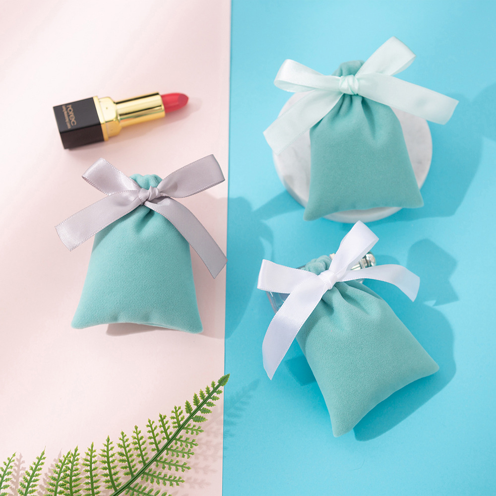 Velvet Jewelry Pouch Drawstring Gift Bag With Ribbon Bow Jewelry Storage Pouch For Wedding Party Favor Small Item Organizer Mint Green Packaging Bag