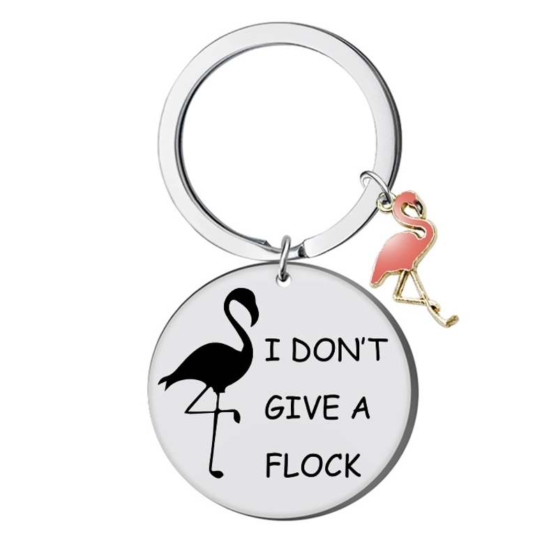 Funny Flamingo Stainless Steel Keychain With I Don't Give A Flock Pun Pendant Pink Enamel Bird Charm Key Ring For Graduation Birthday Gift