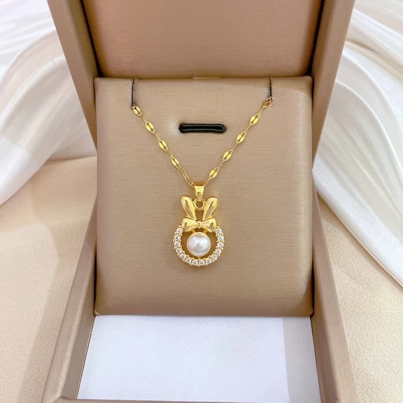 Rabbit Ears Bow Pearl Pendant Necklace Stainless Steel Chain Copper Zircon Elegant Gold Clavicle Jewelry For Women