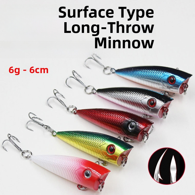 Popper Fishing Lure ABS Hard Bait 6cm 6g Topwater Splashing Lure With Metal Treble Hooks And Noise Sound Balls Bionic 3D Eyes Reflective Scales Artificial Bait For Bass Perch Pike