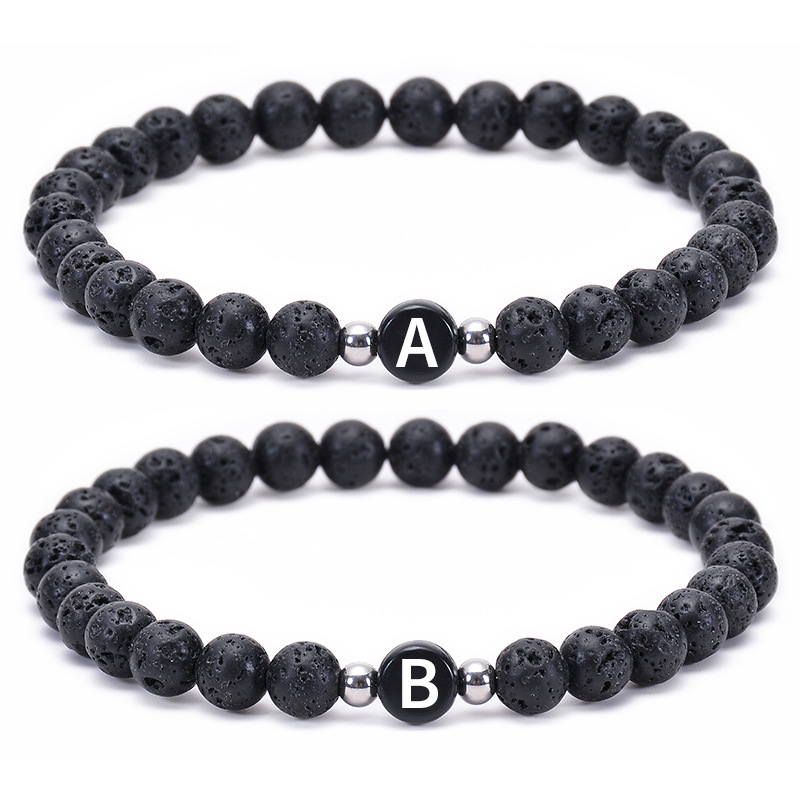Hot Selling 6mm Natural Volcanic Stone Letter Bracelet 26 English Letters Elastic Cord Bracelet Couple Bracelet