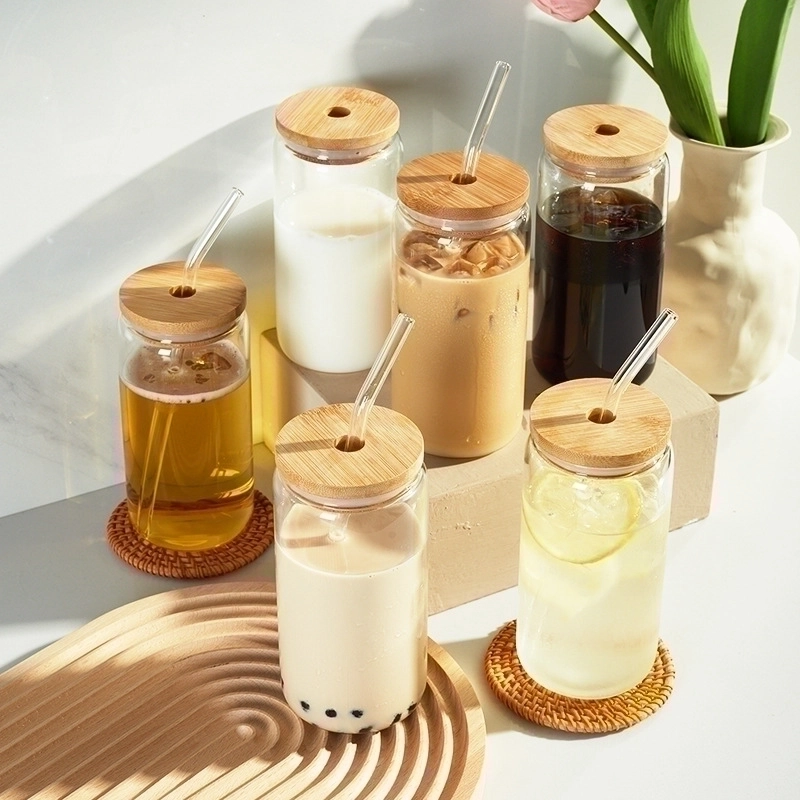 Reusable Can Shaped Borosilicate Glass Drinking Cups With Bamboo Lids And Glass Straws Clear Beer Can Glasses For Iced Coffee Milk Juice Home Party Office Modern Simple Style Adult Water Bottle Set