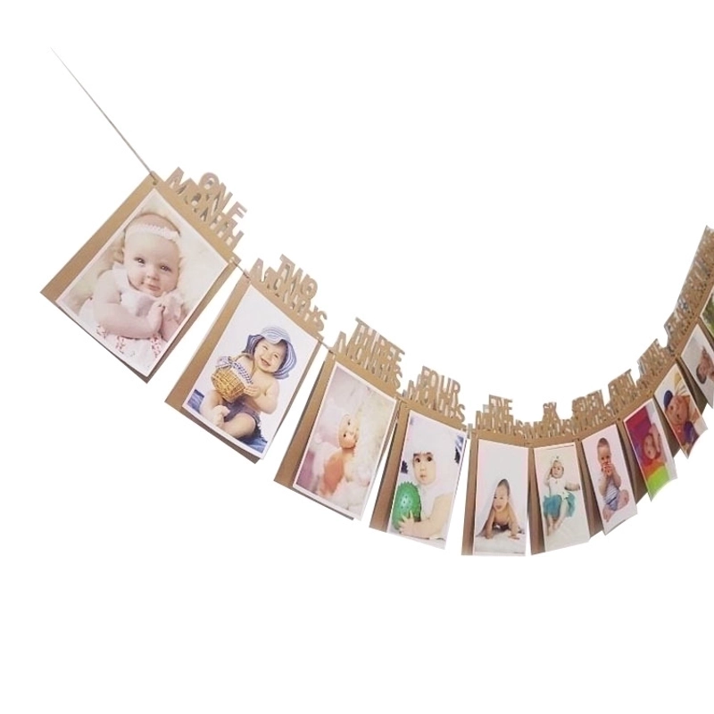 Baby 1st Birthday Photo Banner 12 Months Growth Record Picture Frame Paper Bunting Garland For Party Decoration Baby Shower Kids Nursery Wall Ornament