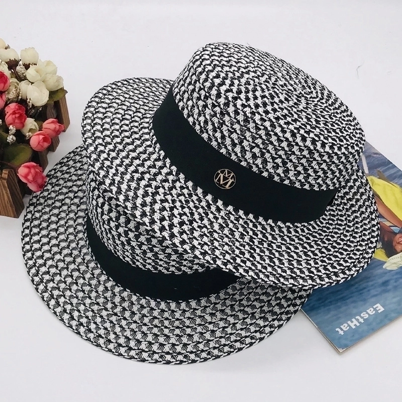 Women's French Vintage Wide Brim Paper Straw Boater Hat Black and White Houndstooth Plaid Sun Hat Ribbon Metal Logo Summer Beach UV Protection
