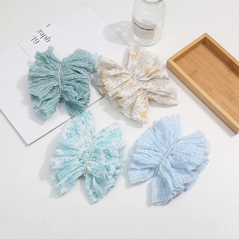 Elegant Pleated Fabric Bow Hair Clip With Faux Pearl Decoration Floral Print Spring Clip Hair Accessories For Women Girls Sweet Ponytail Holder
