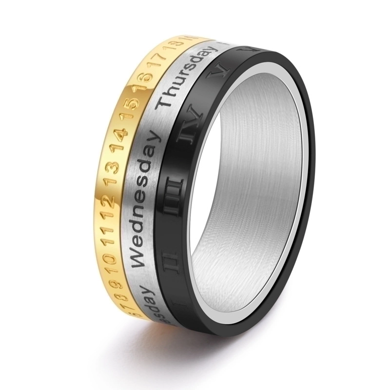 Trendy Rotatable Stainless Steel Three Color Calendar Ring Roman Numerals Week Date Spinner Band For Men Women Personalized Minimalist Jewelry