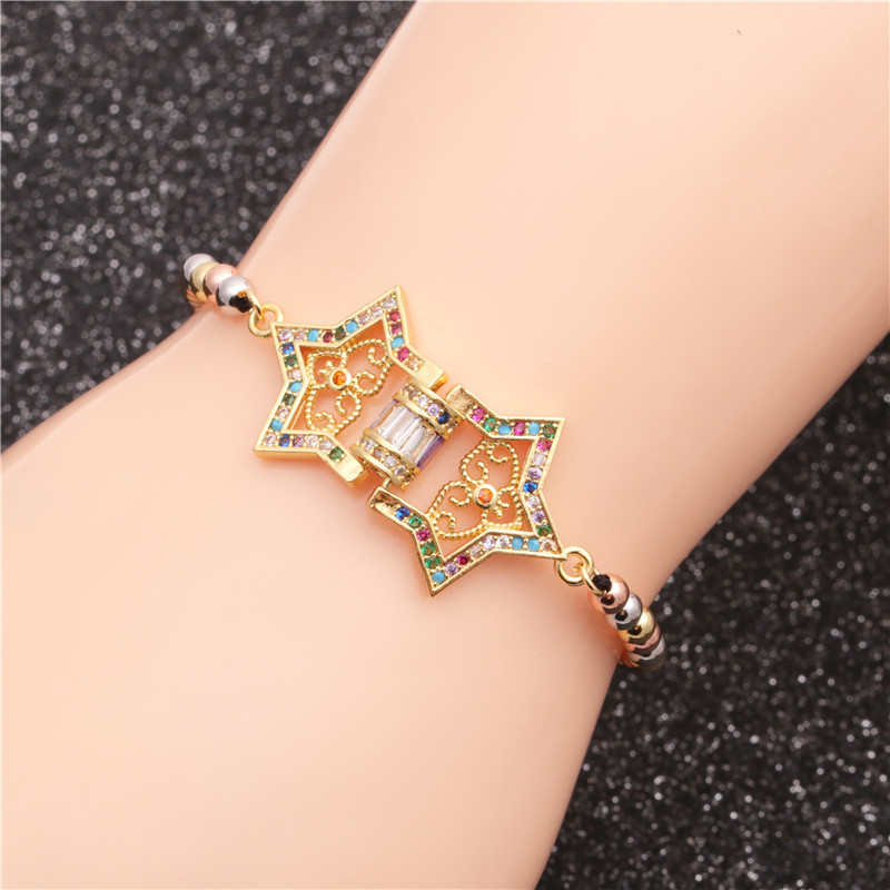 Fashion Micro Pave Zirconia Copper Adjustable Bracelet For Women Boho Three Color Metal Beads Hollow Star Heart Geometric Charm Hand Jewelry Gift