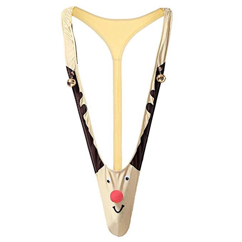 Men's Sexy Christmas Reindeer Mankini Thong Funny Animal Novelty Lingerie Polyester Party G-String Underwear With Bells For Men Holiday Gift