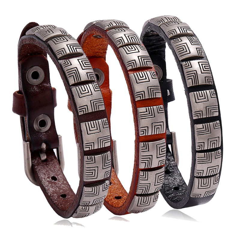 Punk Vintage Cowhide Leather Bracelet Men Retro Adjustable Strap Wristband With Geometric Pattern Alloy Metal Plate
