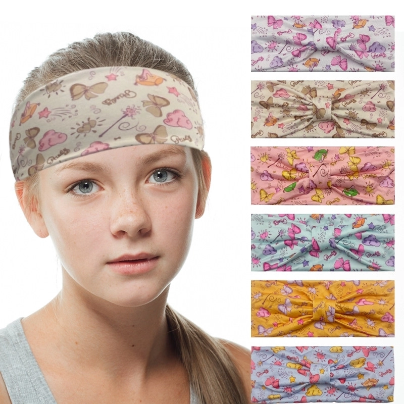 Elastic Printed Headband Fabric Bow Knot Hair Band For Sports Running Yoga Women Kids Cartoon Pattern Princess Friends Pretty Headwrap Hair Accessories