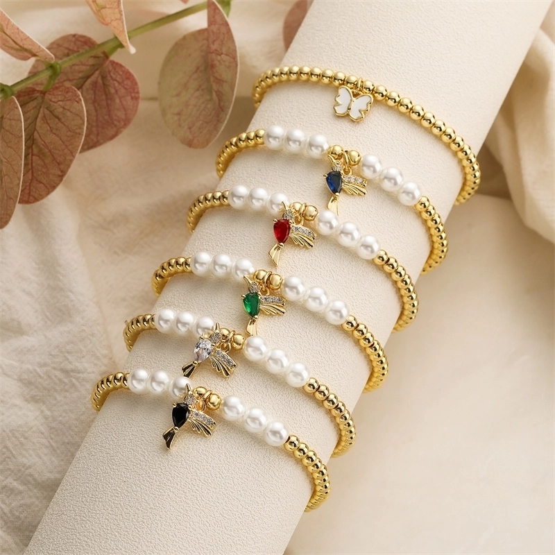 Beaded Bracelet Copper Beads White Pearls Zircon Hummingbird Butterfly Charms Fashion Jewelry Women