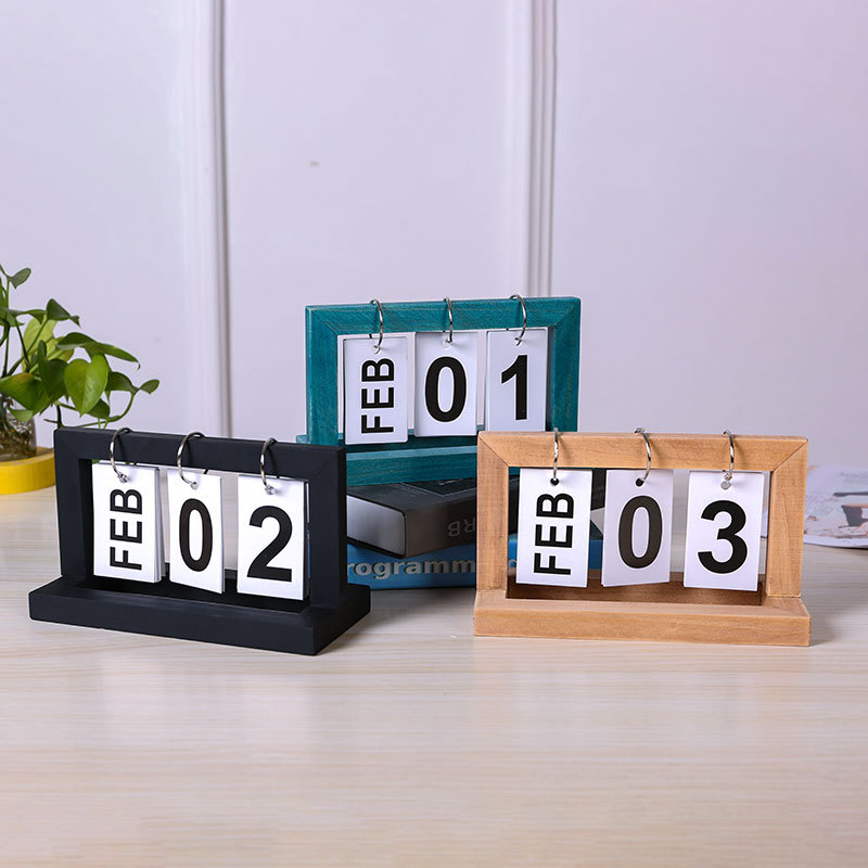 Perpetual Desktop Flip Calendar Wood Iron Metal Frame Daily Plan Planner Table Stationery Decoration for Office Home Study School Modern Minimalist Style