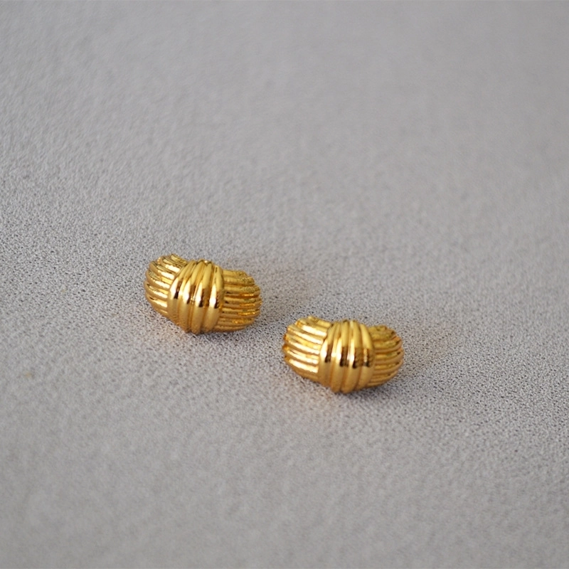 Retro Gold Plated Brass Ribbed Striped Stud Earrings With 925 Sterling Silver Earring Post Simple Geometric Jewelry