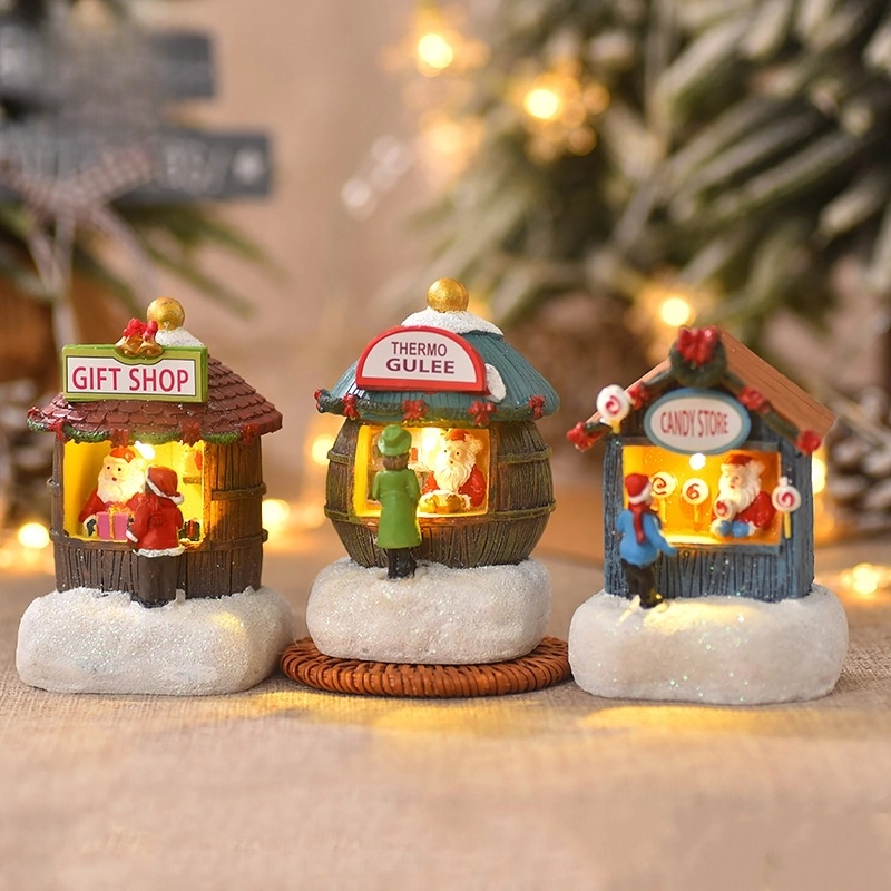 Christmas LED Glowing Mini House Resin Ornament Candy Gift Coffee Shop Miniature Village Scene Xmas Party Tabletop Decoration Holiday Gift